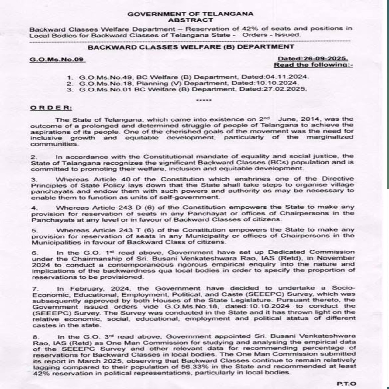 తెలంగాణలో బీసీలకు 42 శాతం రిజర్వేషన్ – ప్రభుత్వం జీవో జారీ
